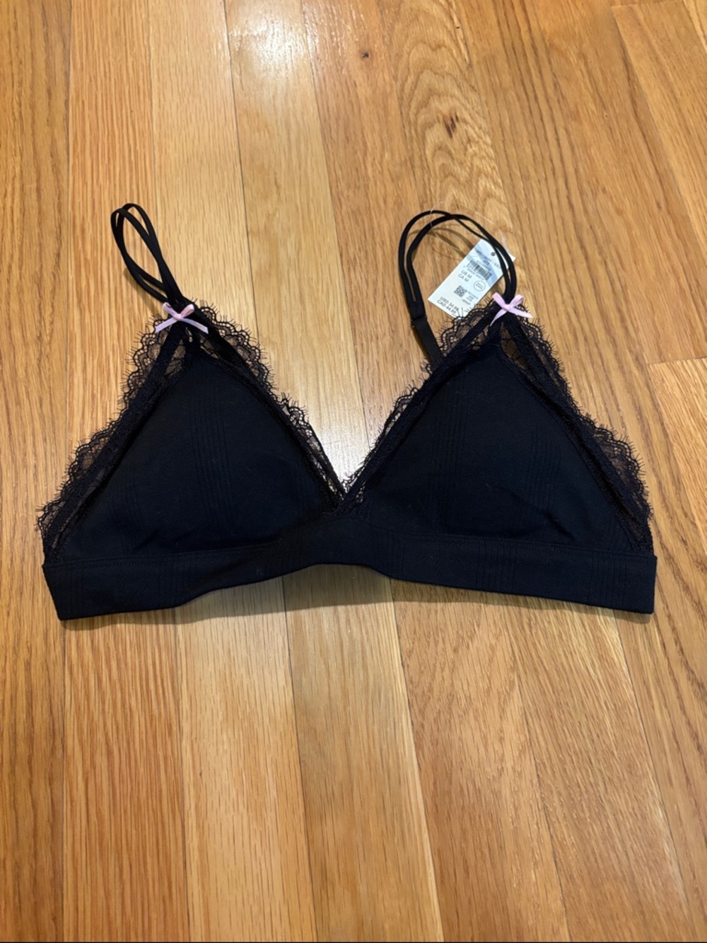 Women’s M Aerie Black Lace-Trim Bralette with Pink Bow Accents NWT